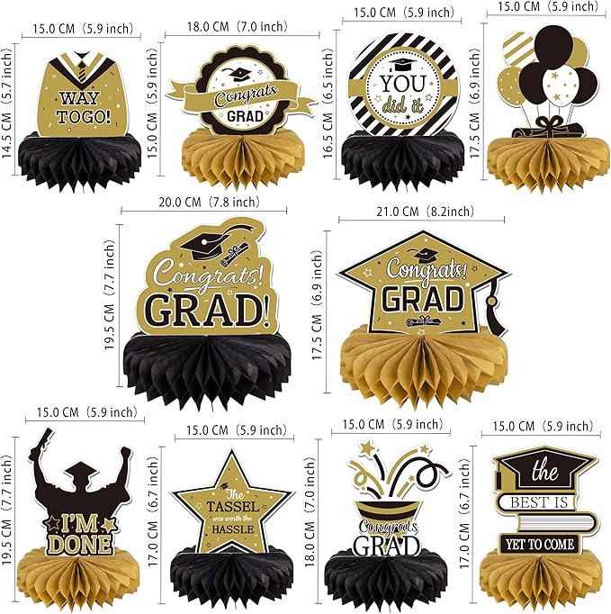 10PCS Graduation Decorations Class of 2025 Centerpieces, Congrats Grad Honeycomb Table Toppers for Graduation Party Favors, 2026 Graduation Party Decorations (10PCS, Gold & Black)