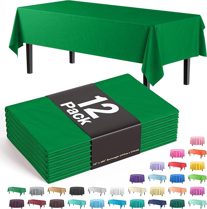 Exquisite 12-Pack Premium Plastic Tablecloth Pack of 12 Premium Plastic Tablecloth 54 Inch x 108 Inch Rectangle Table Cover - Emerald Green