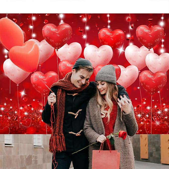 Red Hearts Balloons Anniversary Backdrop Banner 7x5ft Romantic Love Theme Photo Background For Anniversary Engagement Wedding Bridal Shower Couples Date Night Party Decorations Photo Booth (82x59inch)