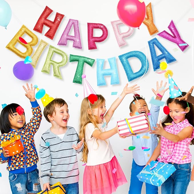 Tegeme Felt Happy Birthday Banner, Pre-strung Glitter Happy Birthday Garland Reusable Colorful Rainbow Decoration for Woman, Man Party Photo Prop(Classic,Yellow-green)