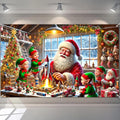 Christmas Banner Santa Claus Elves Workshop Rocket Toy Christmas Tree Stockings Garland Winter Snow Scene 71x43 Inches Indoor Outdoor Holiday Party Decoration