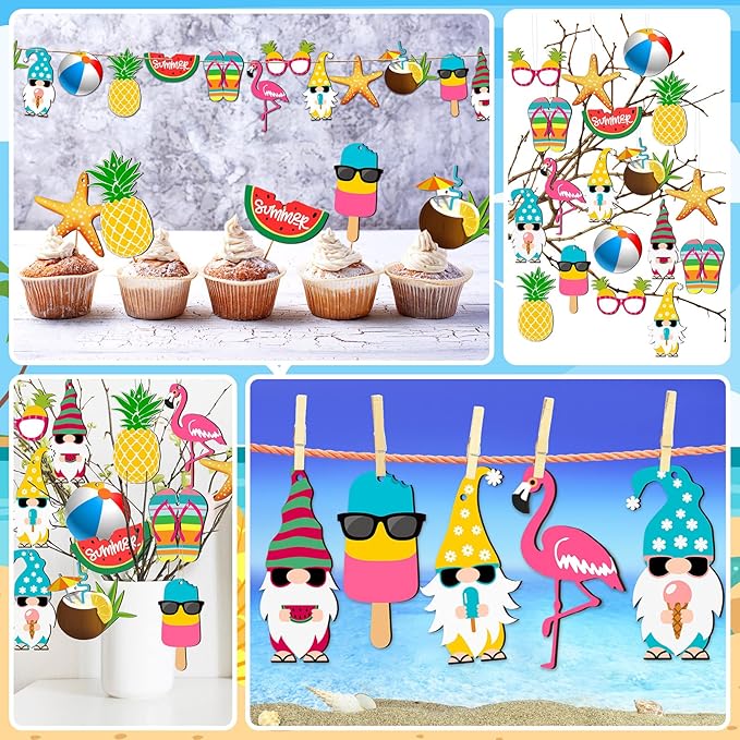 Chunful 36 Pieces Summer Tree Ornaments Christmas in July Wood Hanging Decoration Beach Wooden Slices Winter Tree Ornaments with String for Luau Hawaiian Party Supplies (Classic Style)