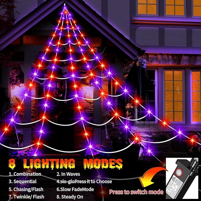 Halloween Decorations Outdoor, 250LED 23x18 FT Giant Spider Web with Purple Orange Lights, Lighted Triangular White Spider Web with Sturdy Wire, Waterproof, Timer, 8 Modes for Yard Halloween Décor