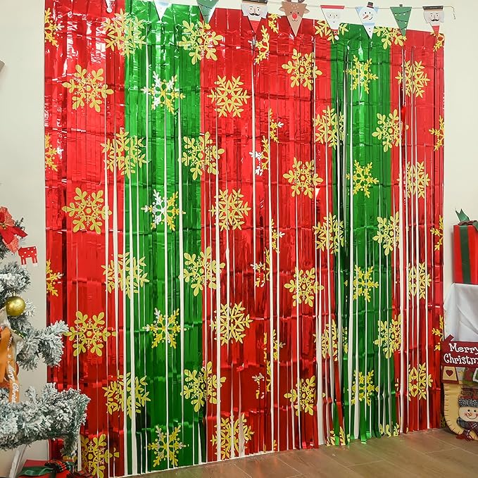Christmas Party Decorations - 2 Pack Foil Fringe Curtains 3.3 X 6.6 ft Red Green Snowflake Tinsel Streamers Photo Backdrop for New Year, Ugly Sweater Party Decor