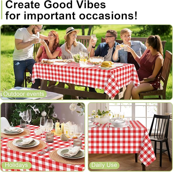 QIKSION Red Gingham Tablecloth Disposable 6 Pack, 54 x 108 Inch Red and White Checkered Table Cloth for Picnic, Outdoor BBQ Decorations, Birthday Party Supplies, Rectangle, Plastic Table Cover
