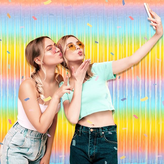 3 Pack Light Raainbow Foil Fringe Curtain Backdrop, 3.28Ft x 6.6Ft Metallic Tinsel Foil Fringe Streamer Curtains for Photo Booth, Christmas Day, Thanksgiving, Wedding, New Year Party Decorations