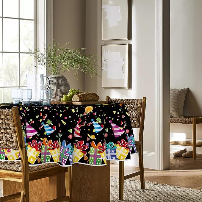 Horaldaily Birthday Tablecloth 60x60 Inch Round, Happy Birthday Ballon Black Washable Seasonal Table Cover for Party Picnic Dinner Decor