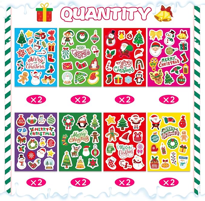 Christmas Stickers for Kids, Merry Christmas Theme Stickers Non-Repeating, Xmas Winter Holiday Party Favor, Stocking Stuffer for Kids, Xmas Gifts Decorations