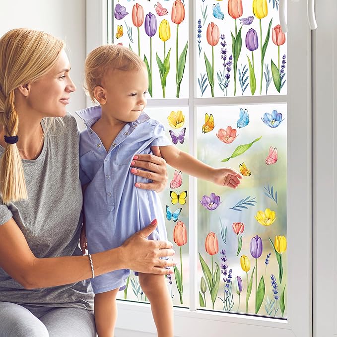 210PCS Spring Window Clings, 9 Sheet Spring Window Clings for Glass Windows with Tulip Flowers Butterfly, Double-Side Decals Stickers Decorations for Home Office Decor