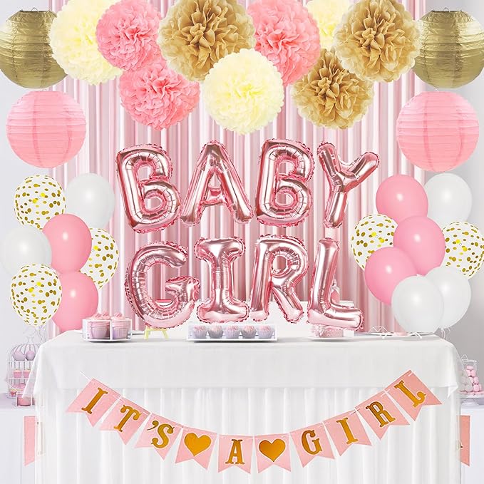 Ouddy Party Pink Baby Shower Decorations for Girls with Its a Girl Banner, Baby Girl Letter Pink Gold Confetti Balloons Paper Pom Poms for Baby Shower Gender Reveal Party Supplies