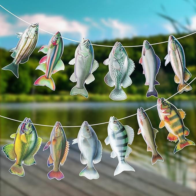 Hooqict Gone Fishing Hanging Banner Garland Fish Birthday Party Banner for Happy Birthday Decorations Fishing Theme Party Supplies Under The Sea Baby Shower Fathers Day Decorations