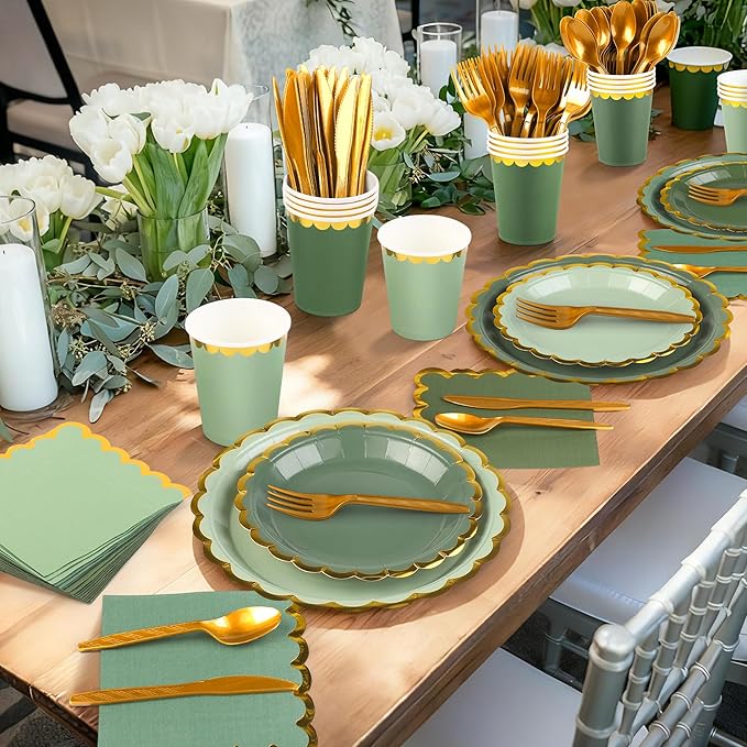 Kochorie 140 PCS Sage Green Party Supplies for 20 Guests Disposable Dinnerware Set Includes Scalloped Plates Napkins Cup Cutlery Tableware Set for Birthday Party Wedding Baby Shower Picnic