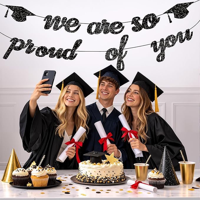 Graduation Decorations 2026 | Class of 2026 Graduation Banner, Black Glitter We are So Proud of You Grad Banner for Graduations Party Decorations Favors Supplies School Home Car Decorations