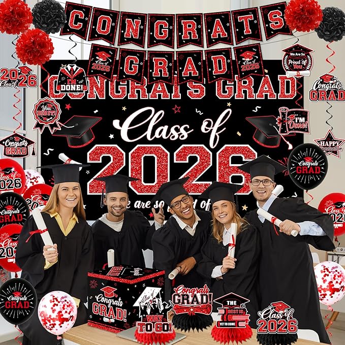 Graduation Decorations Class of 2026,Red Graduation Party Supplies- Congrats Grad Decorations Banner ＆ Hanging Swirls,Graduation Card Box,Paper Pompoms,Balloons,Porch Sign for College Grad Party
