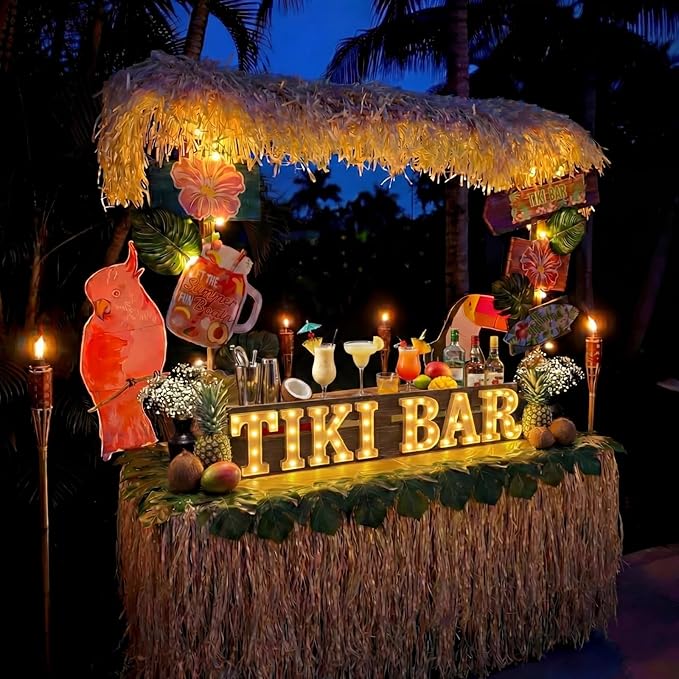 Honoson 7 Pcs Hawaiian Luau Tiki Party Decoration Tiki Bar LED Light Sign Hawaii Summer Tropical Table Lights up Sign for Summer Pool Beach Hawaiian Themed Party Supplies
