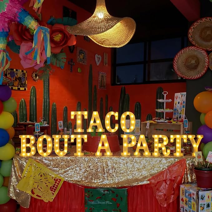 Honoson 14 Pcs Taco Bout a Party Light Decorations Fiesta Cinco De Mayo Decorations Mexican LED Light up Sign Table Decoration for Mexican Taco Twosday Bout Bachelorette Party Home Bar Decor