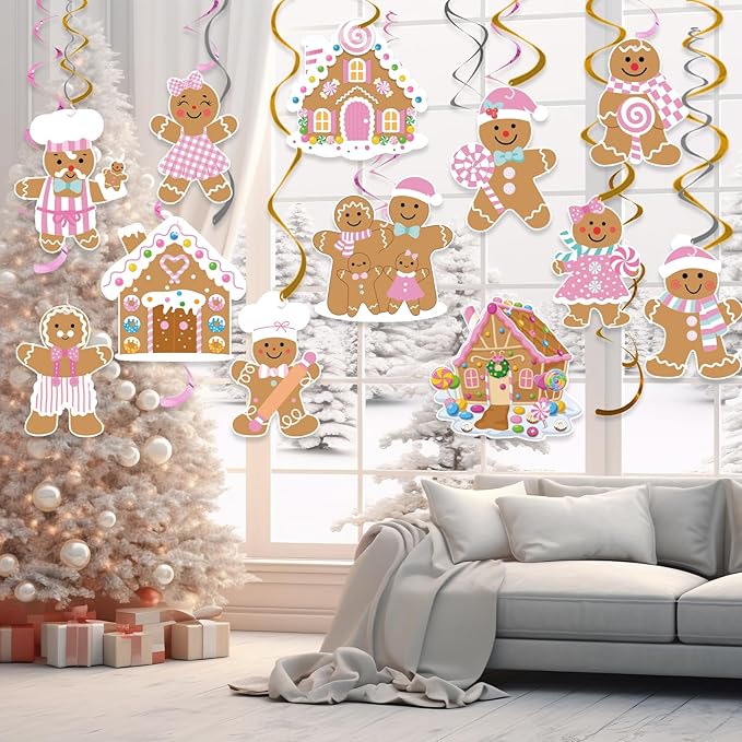 24pcs Pink Gingerbread Party Decorations Hanging Swirls Christmas Gingerbread Streamers Decor for Christmas Birthday Party Supplies
