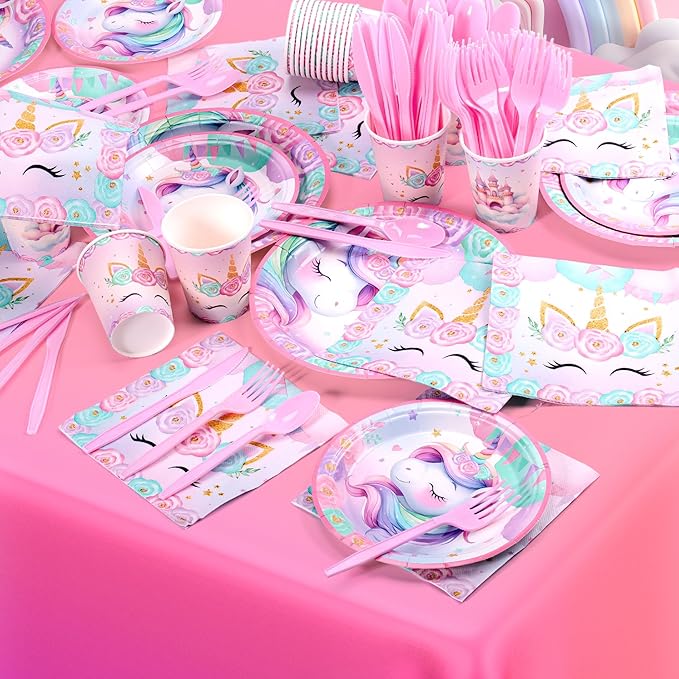 171Pcs Unicorn Birthday Party Supplies with Plates Cups Napkins Cutlery, Unicorn Birthday Decorations with Unicorns Banner and Tablecloths, 24 Serves Pink Disposable Tableware for Party Decor