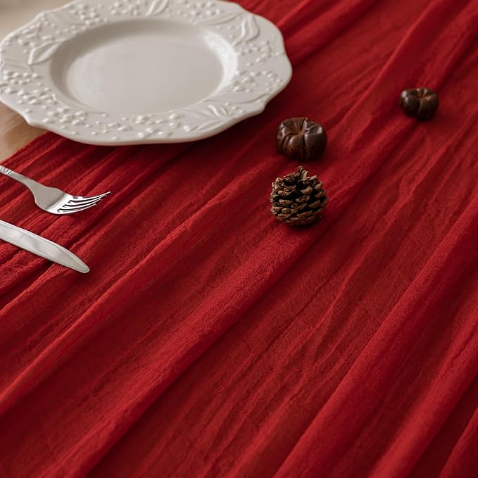 Keketoarrange Red Cheesecloth Table Runner Cheese Cloth Rustic Gauze Table Runner 120 Inch 10 FT for Wedding Baby Bridal Shower Sheer Boho Holiday Spring Home Decorations