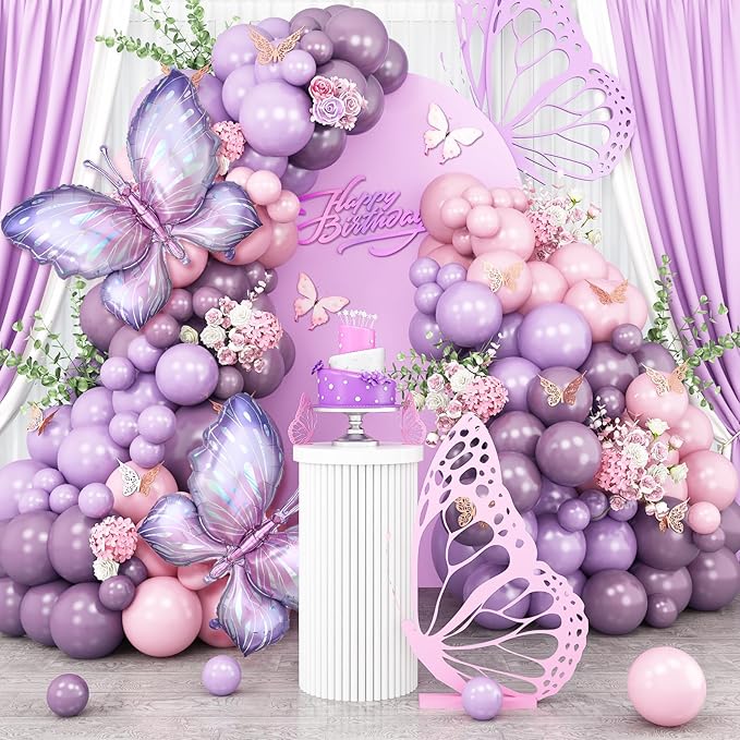 Butterfly Balloons Garland Arch Kit, 110pcs Purple Pink Balloon Arch Kit 18/10/5 Inch Lavender Maca Pink Balloon with Butterfly Sticker for Girl Women Birthday Baby Shower