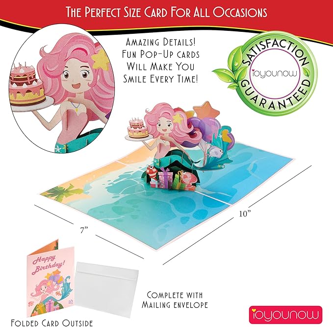 Mermaid 3D Pop-Up Card | 5x7 Inches Ocean Themed Pop Up Card for Kids Girls Boys | Cute Greeting Card for Happy Birthday, Anniversary, Party, Celebration, Special Occasion Gift with Envelope