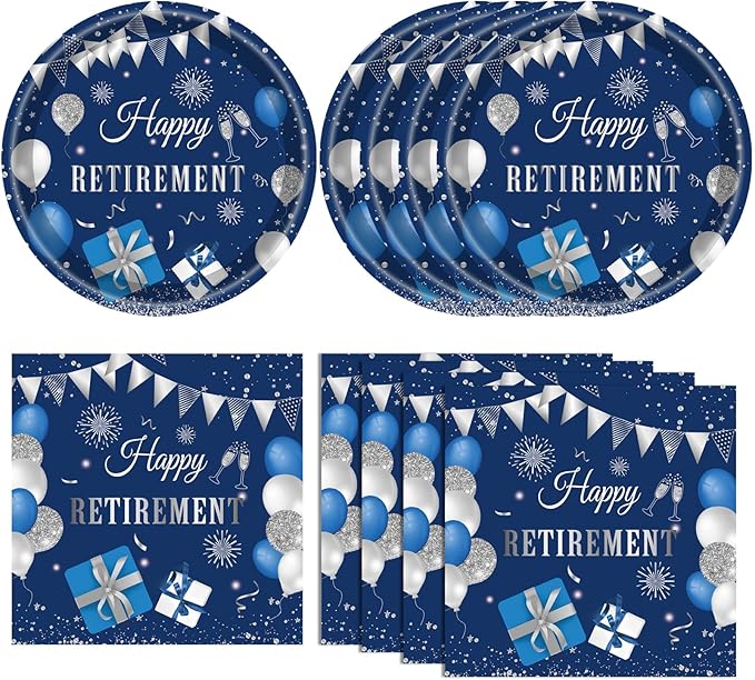 Retirement Party Decorations for Men Women Blue Silver Happy Retirement Plates and Napkins Disposable Dinnerware Tableware Decorations Supplies | Serve 20
