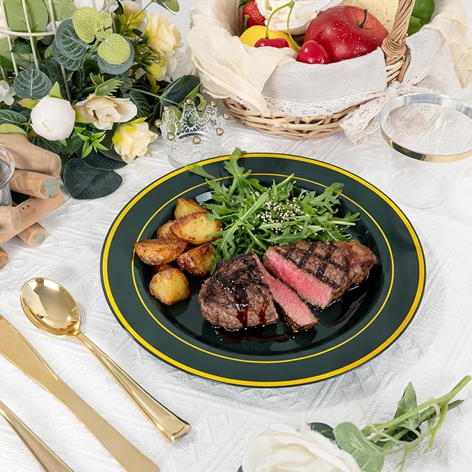 175PCS Green Plastic Plates - Green and Gold Disposable Plates 25Guests Plastic Plates with Rolled Napkins for Birthday/St. Patrick's Day/Easter