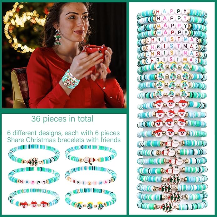 Cooluckday 36 Pcs Holiday Heishi Surfer Bracelets for Women Bulk Easter Mother's Day Christmas St. Patrick's Day Mardi Gras Bracelet Stackable Stretch Friendship Bracelets Set