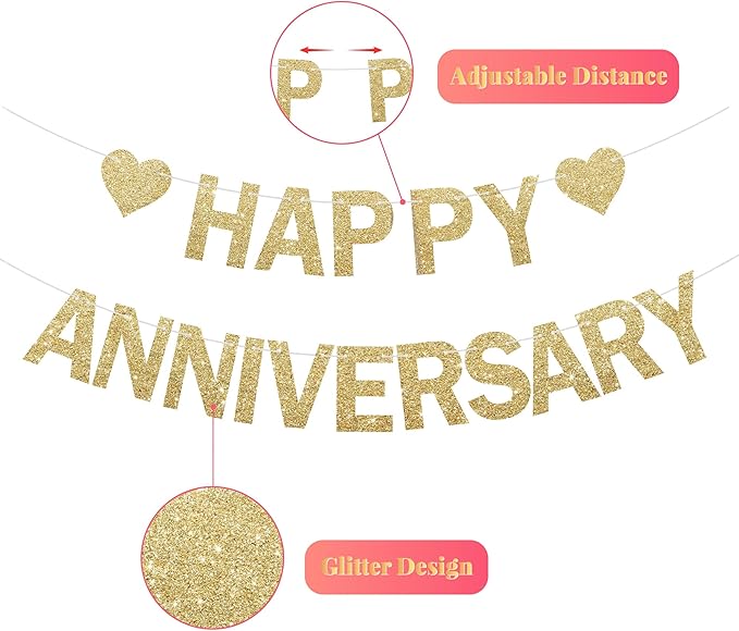 Happy Anniversary Glitter Banner - No DIY - Champagne Gold Happy Anniversary Decorations Banner for Romantic Wedding Birthday Party Decorations