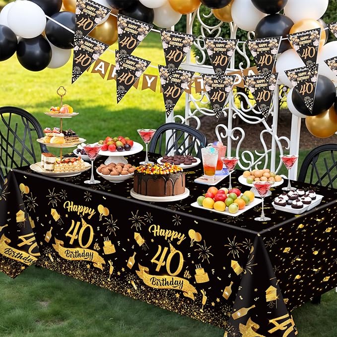 3 Pack 40th Birthday Plastic Tablecloth, 54x108 Inch Black Gold Disposable Rectangle Table Cover Waterproof Table Cloth for Birthday 40 Anniversary Party Supplies