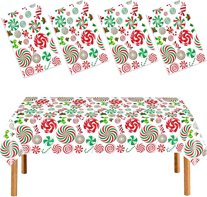 4 Pack Christmas Candy Cane Plastic Tablecloths,54 x 108 Inch Disposable Holiday Table Covers with Lollipops Design for Christmas Party Decorations Winter Dinner and Festive Events