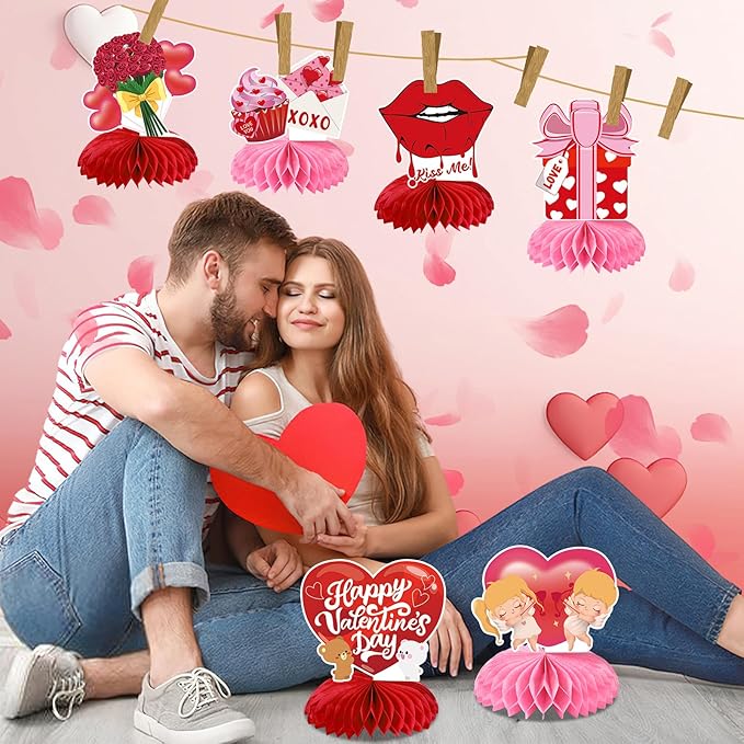 JULMELON Valentines Table Decorations Honeycomb Centerpiece, 8pcs Valentines Day Centerpieces for Tables 3D Valentines Day Table Decor Heart Table Toppers for Valentines Party Decorations