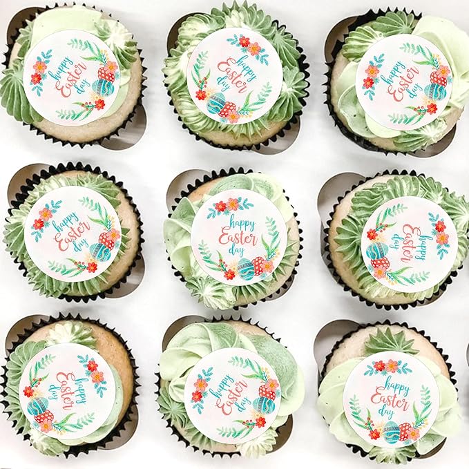 Ercadio 40Pcs Edible Circle Happy Easter Day Cupcake Drink Toppers Round Floral Easter Cupcake Picks for Easter Baby Shower Spring Birthday Party Cake Decorations Supplies