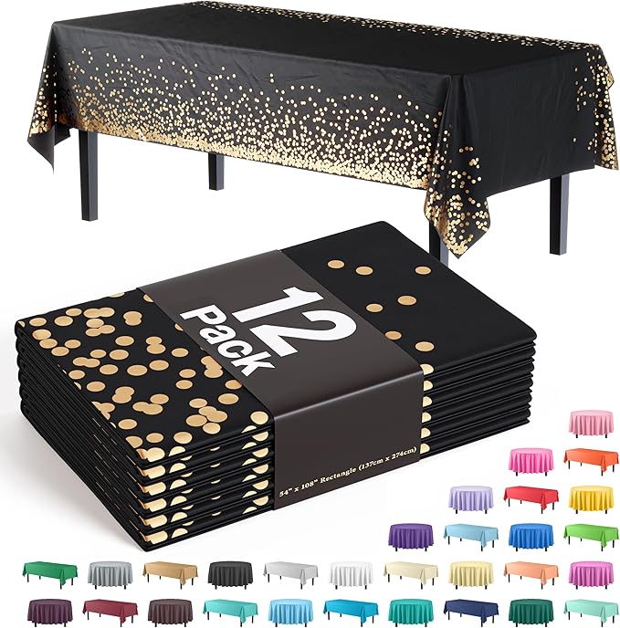 Exquisite 12-Pack Premium Plastic Tablecloth 54in. x 108in. Rectangle - White and Gold