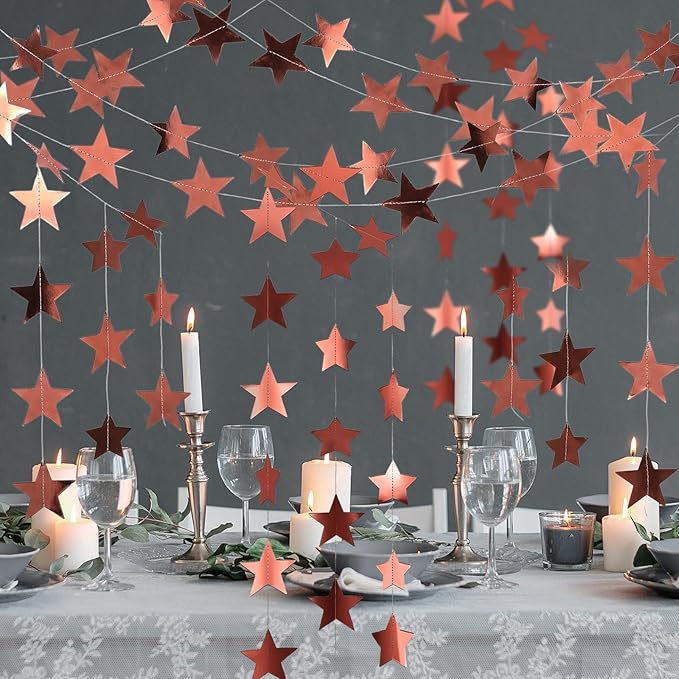 Spakon 65 Feet Glitter Star Paper Garland Banner Hanging Decoration Star Streamers Double Side 2026 Graduation Decorations for Wedding Birthday Festival New Year Party Decoration(Rose Gold)