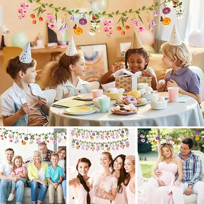 2PCS Flower Banner Reusable Wildflower Garland Floral for Spring Party Enchanted GardenTheme Picnic Wedding Baby Shower Birthday Tea Party Supplies Home Decorations (Pink-Smaller)