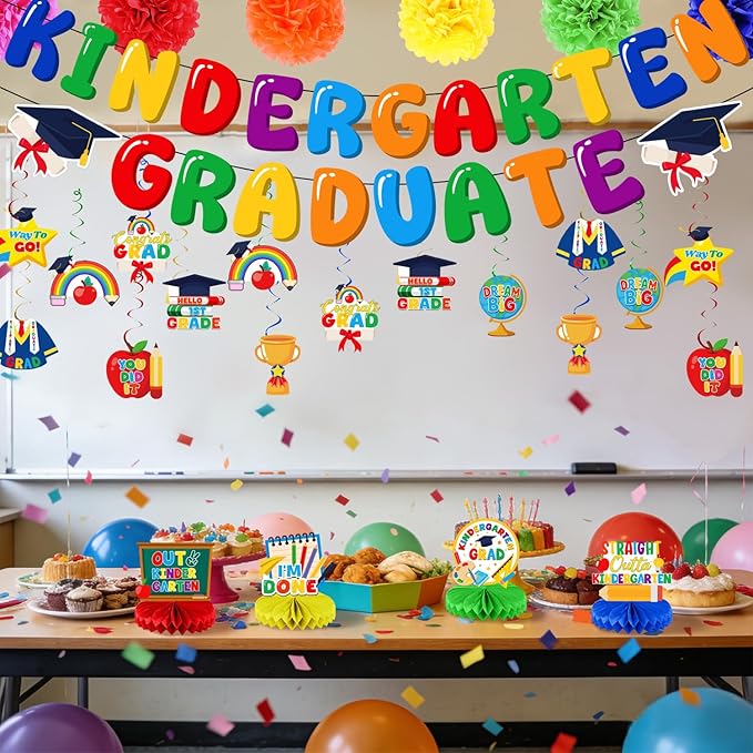Preschool Graduation Decorations Set, Congrats Grad Decor Kit - 27 PCS with Banner, Pom Poms, Hanging Swirls & Centerpieces, Class of 2026 Party Supplies
