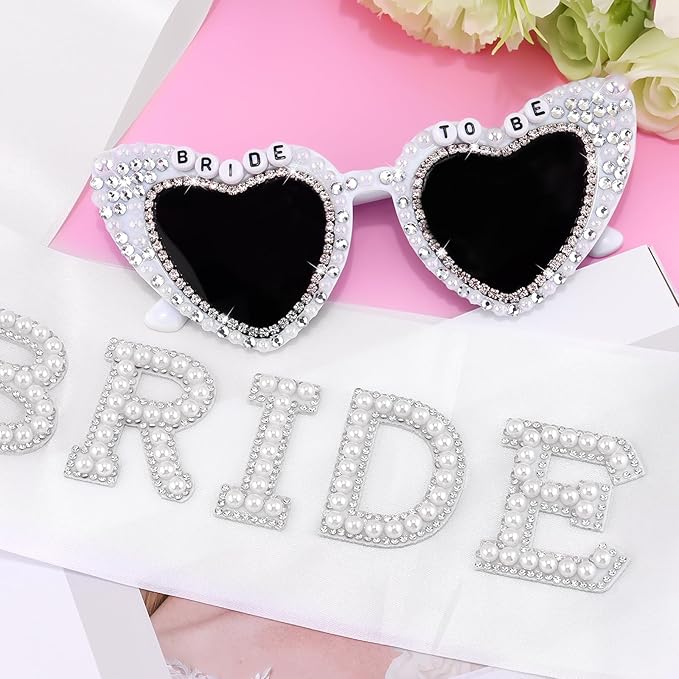 Bride to Be Sunglasses & Bride Sash Set - White Satin Sash with Rhinestone Lettering & Pearl-Embellished Sunglasses for Bachelorette Party, Bridal Shower & Wedding Celebrations
