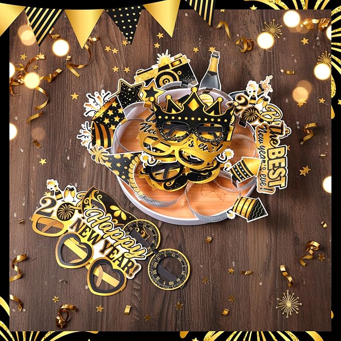 Pajean 32 Pcs New Year Eve Party Supplies 2026 Include 16 Paper Eyeglasses and 16 Paper Headbands Happy New Year Photo Booth Props for Black Gold 2026 Eve Party Decoration Favors Accessories