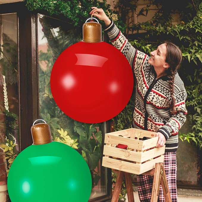 3PCS Christmas Inflatable Decorated Ball 18in Yard Inflatable Christmas Balls Giant Xmas Tree Ornaments PVC Blow up Yard Decorations for Outside Holiday Yard Lawn Porch Decor (Red White Green)