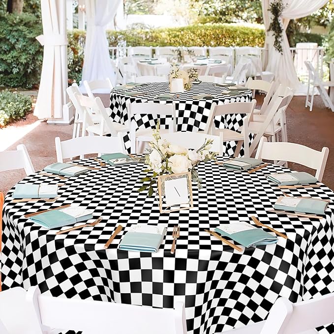 Mulbozy 2 Pcs Checkered Round Tablecloth, 84 inches Disposable Plastic Black and White Gingham Circle Table Covers for Baby Shower Two Fast, Race Car Birthday Party Decorations