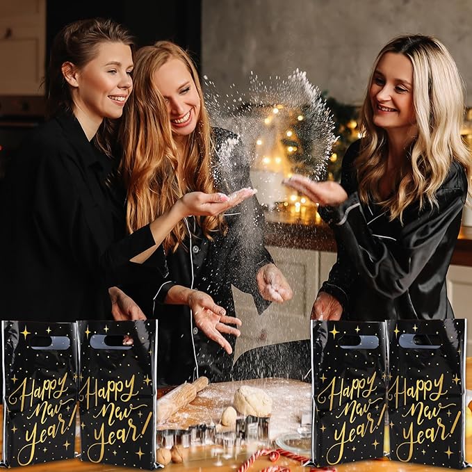 Whaline 50Pcs Happy New Year Party Favor Bag Plastic Treat Bags with Handles Black Gold Star Candy Goodie Bags for Christmas New Year's Eve Snack Cookie Packing