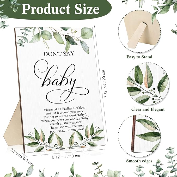 Geetery 51 Pcs Don't Say Baby Game Sign Greenery Cool Baby Shower Game 50 Pacifier Necklace Wooden Don't Say Sign Plastic Pacifier Party Favor for Gender Reveal(Greenery,Blue)