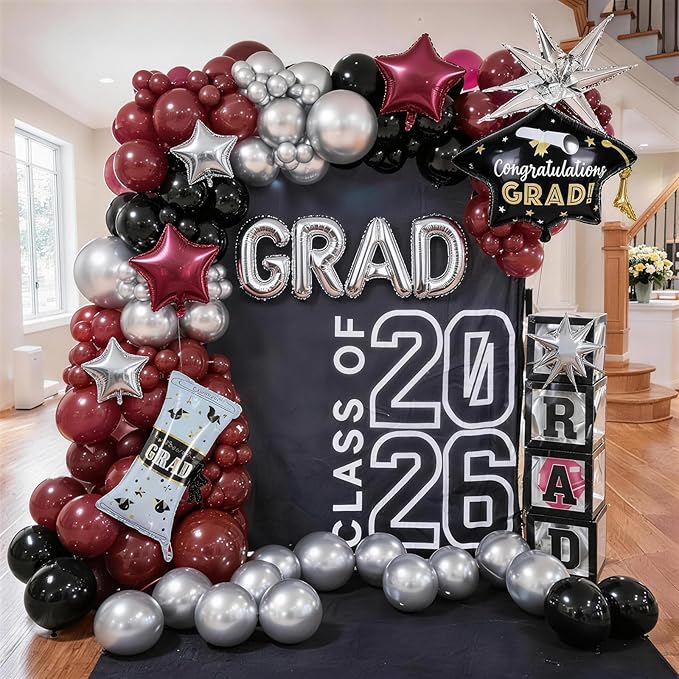 Red Graduation Balloons Garland Arch Kit, 115PCS Red Black Silver Graduation Star Print Cap Certificate Grad Foil Balloon with Silver Explosion Star Balloon for Graduate Class of 2026 Prom Party Decor