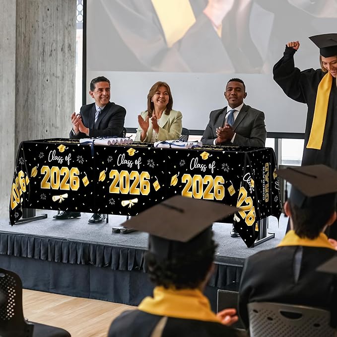 QZYL 4 Pack Graduation Decorations, 54" x 108" Black and Gold Rectangle Graduation Table Cloths, Plastic Tablecloth for College Congrats Grad, Disposable Grad Party Decorations for Class of 2026