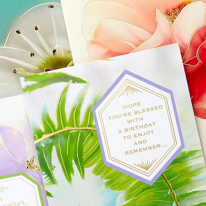 Hallmark Spiritual Birthday Card Assortment (16 Floral Cards with Envelopes, 4 Designs) Bright and Blessed