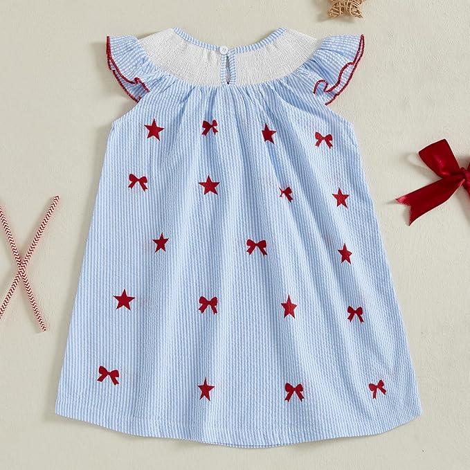MoZiKQin 4th of July Baby Girl Outfit Toddler USA Dress Ruffle Sleeve American Flag Smocked Dresses Fourth of July Outfit