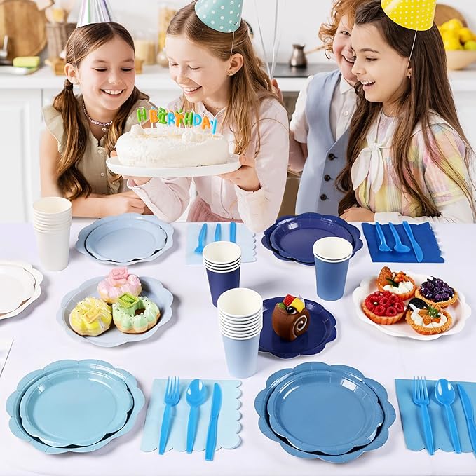 350 Pcs Blue Party Supplies Set - Blue Paper Plates and Napkins Set Include Gradient Blue Scalloped Paper Plate Napkin Cup Spoon Fork Knife for Birthday, Baby Shower, Wedding Forest Events