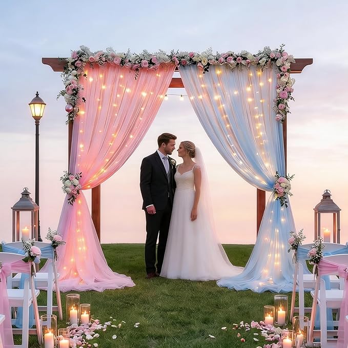 Pink Blue Sheer Backdrop Curtains with Lights String for Baby Shower Decor 10×8FT Backdrop Curtain for Parties Boy or Girl Birthday Party Wedding Gender Reveal Baby Shower Decoration (2 Panels 4×10ft)