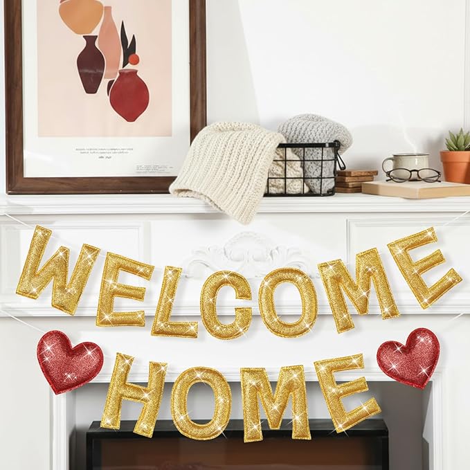 Tegeme Felt Welcome Home Banner, Pre-strung Glitter Welcome Garland Reusable Colorful Rainbow Decoration for Woman, Man Party Photo Prop(Yellow)